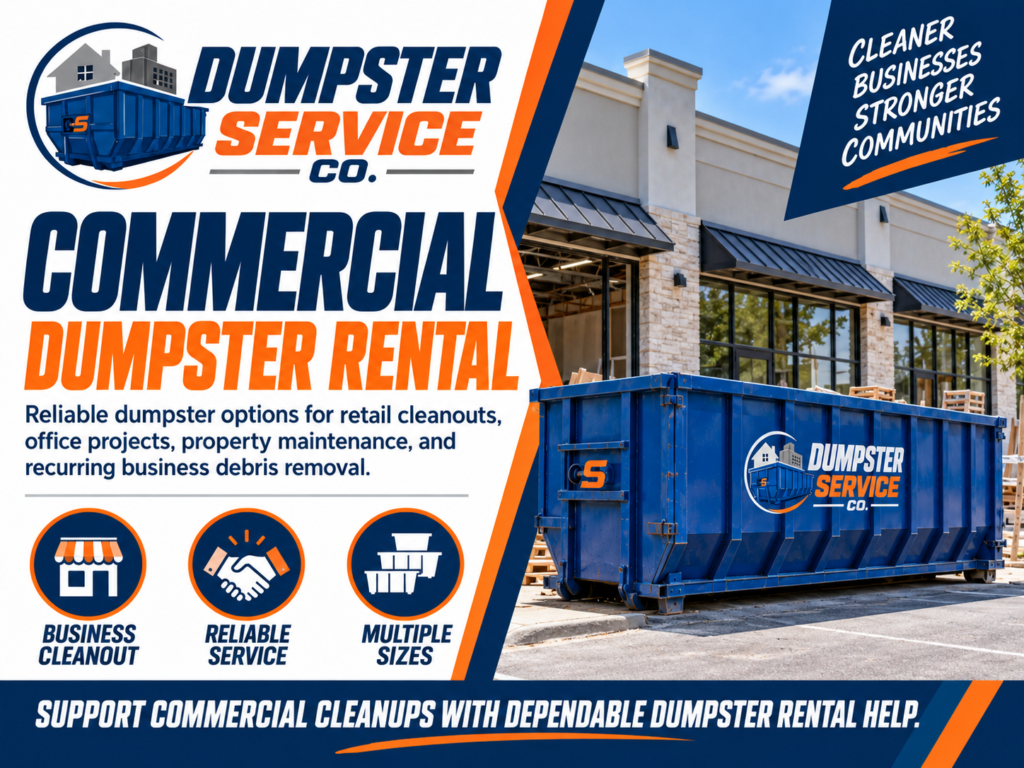 Commercial dumpster rental banner from Dumpster Service Co with blue roll-off dumpster outside a business for retail cleanouts office projects and property maintenance