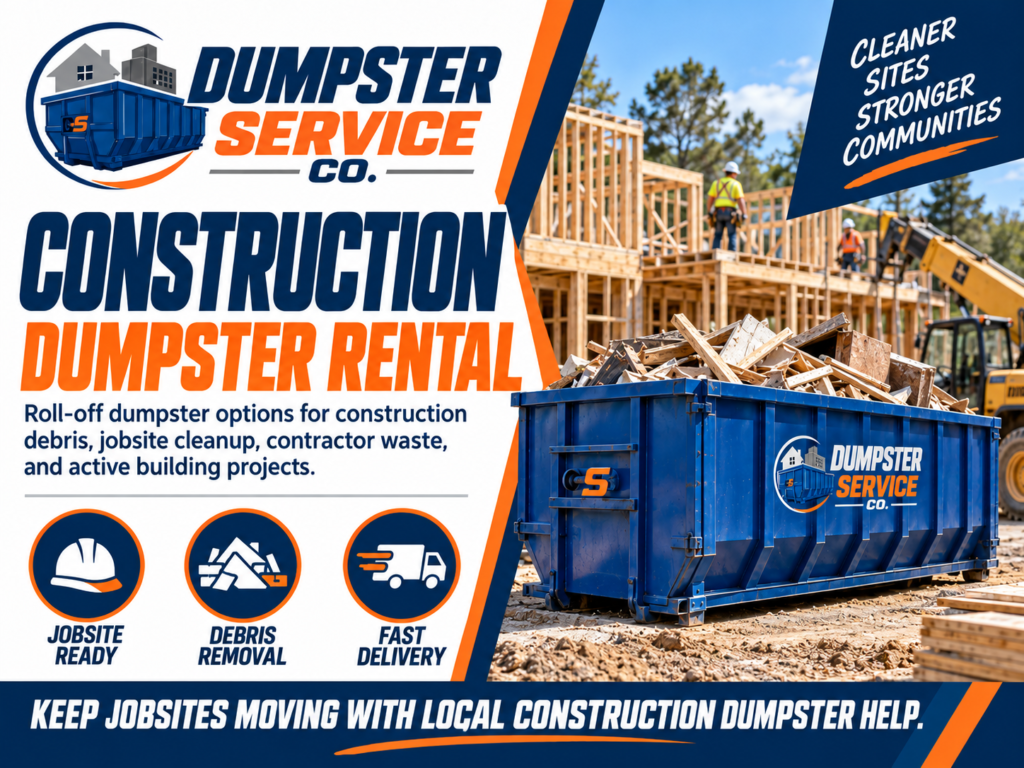 Construction dumpster rental banner from Dumpster Service Co with blue roll-off dumpster at a jobsite for construction debris contractor waste and building projects