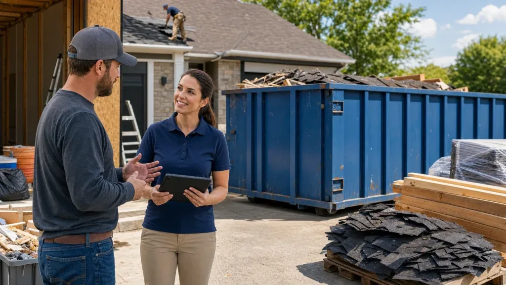 Customer speaking with a dumpster rental representative about cleanouts construction projects roofing jobs and temporary disposal