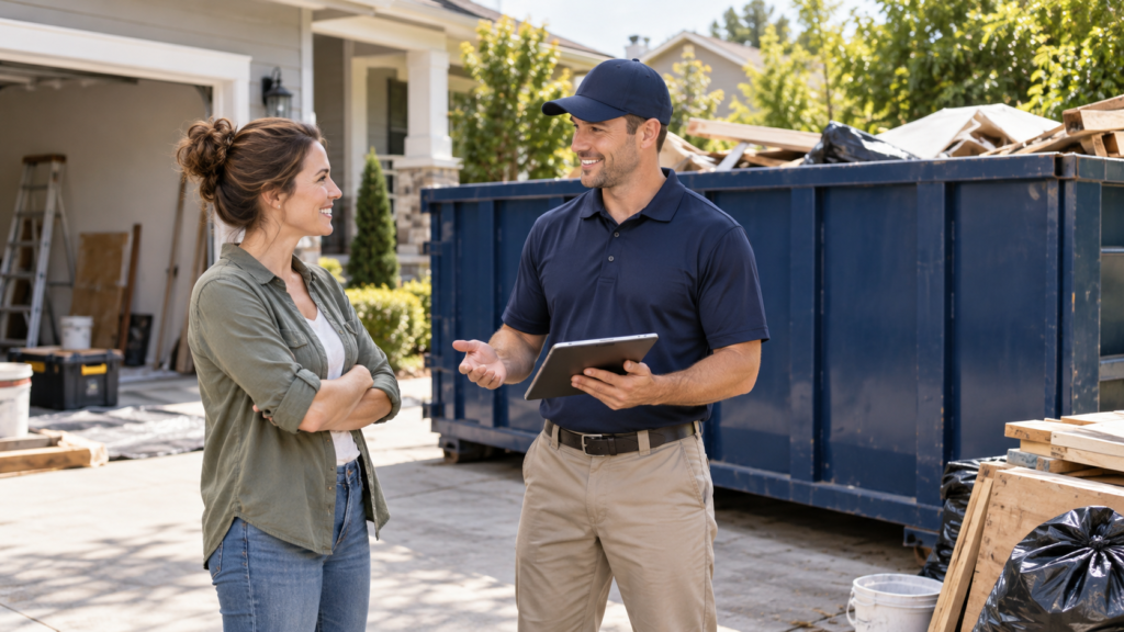 Customer speaking with a dumpster rental representative near a roll-off dumpster for Dumpster Service Co contact and rental information