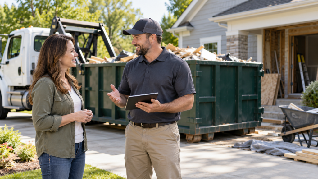 Customer speaking with a dumpster rental representative near a roll-off dumpster for roll-off dumpster rental information