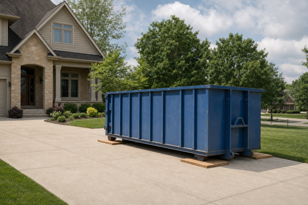 Dumpster placement on a residential driveway with attention to surface protection and access
