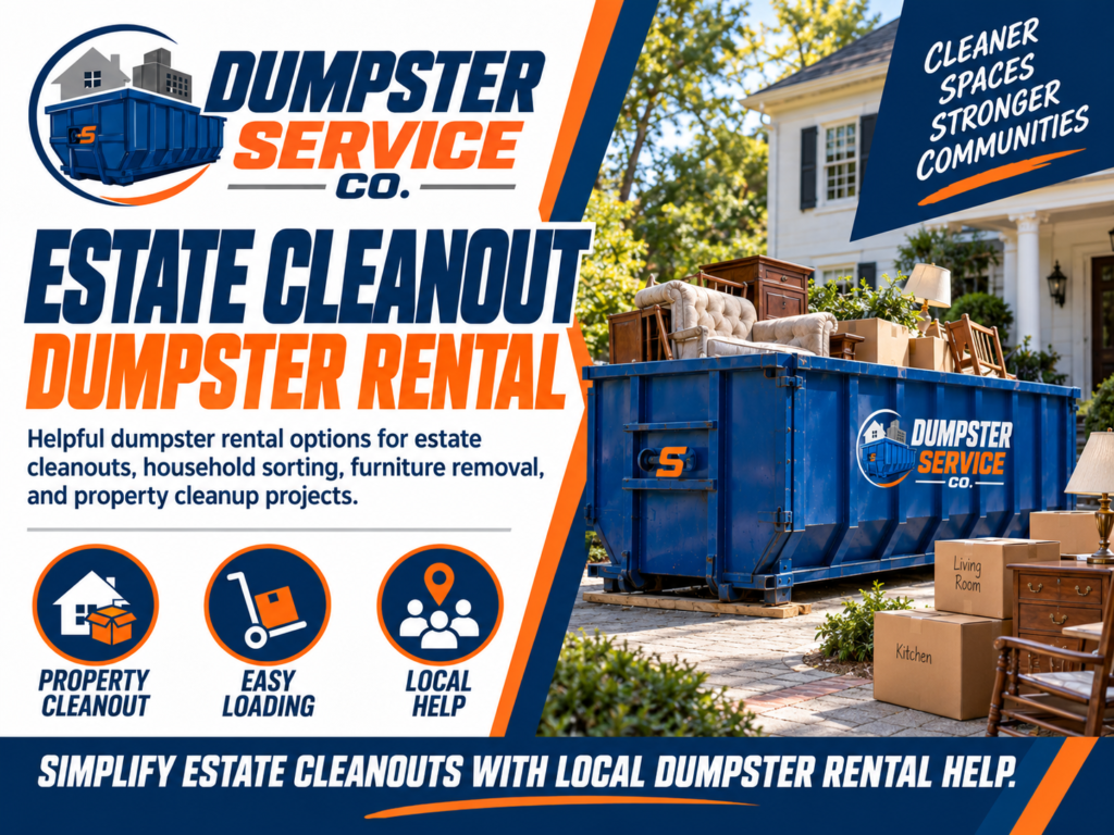 Estate cleanout dumpster rental banner from Dumpster Service Co with blue roll-off dumpster for household sorting furniture removal and property cleanup projects