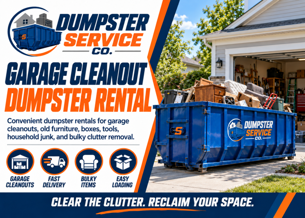 Garage cleanout dumpster rental banner from Dumpster Service Co with blue roll-off dumpster for old furniture boxes tools and household clutter removal