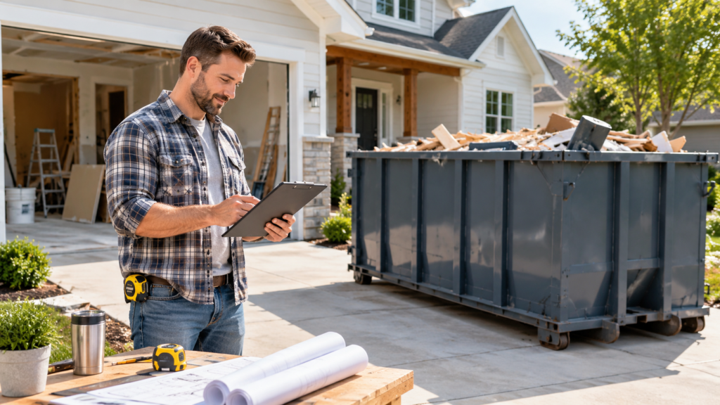 Home renovation planning scene with roll-off dumpster representing Dumpster Service Co guides and dumpster rental resources