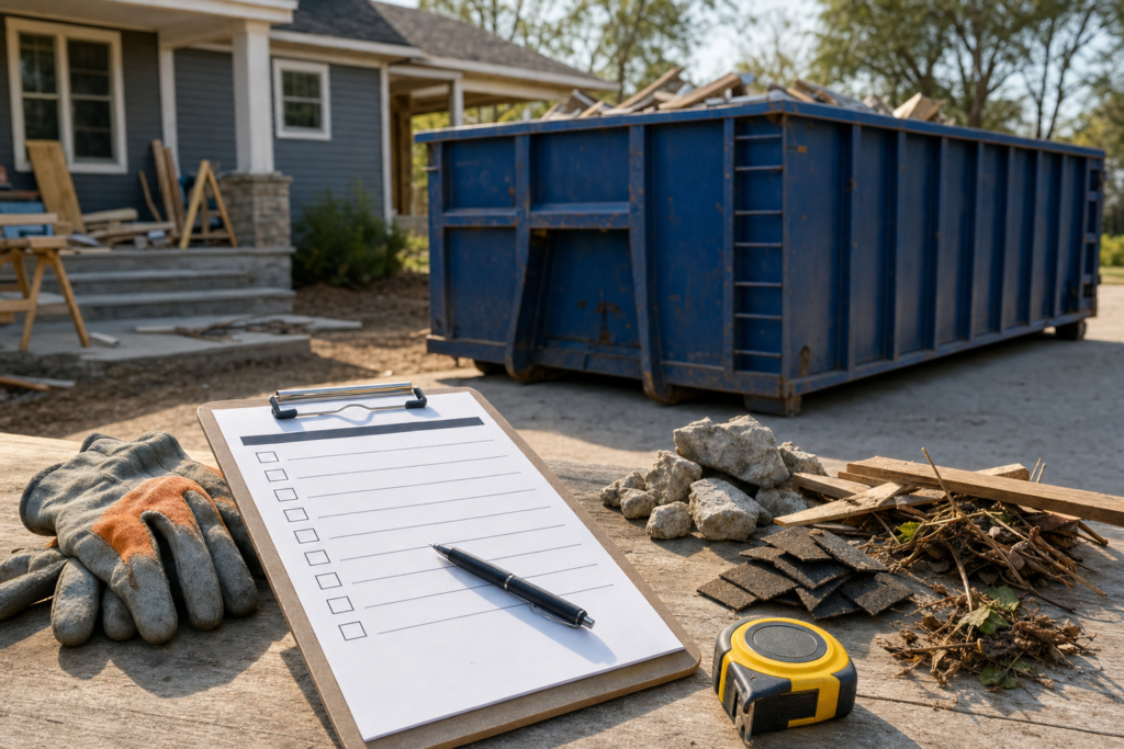 Dumpster Service Co guides hub image with project planning tools and blue roll-off dumpster for rental tips and cleanup guides