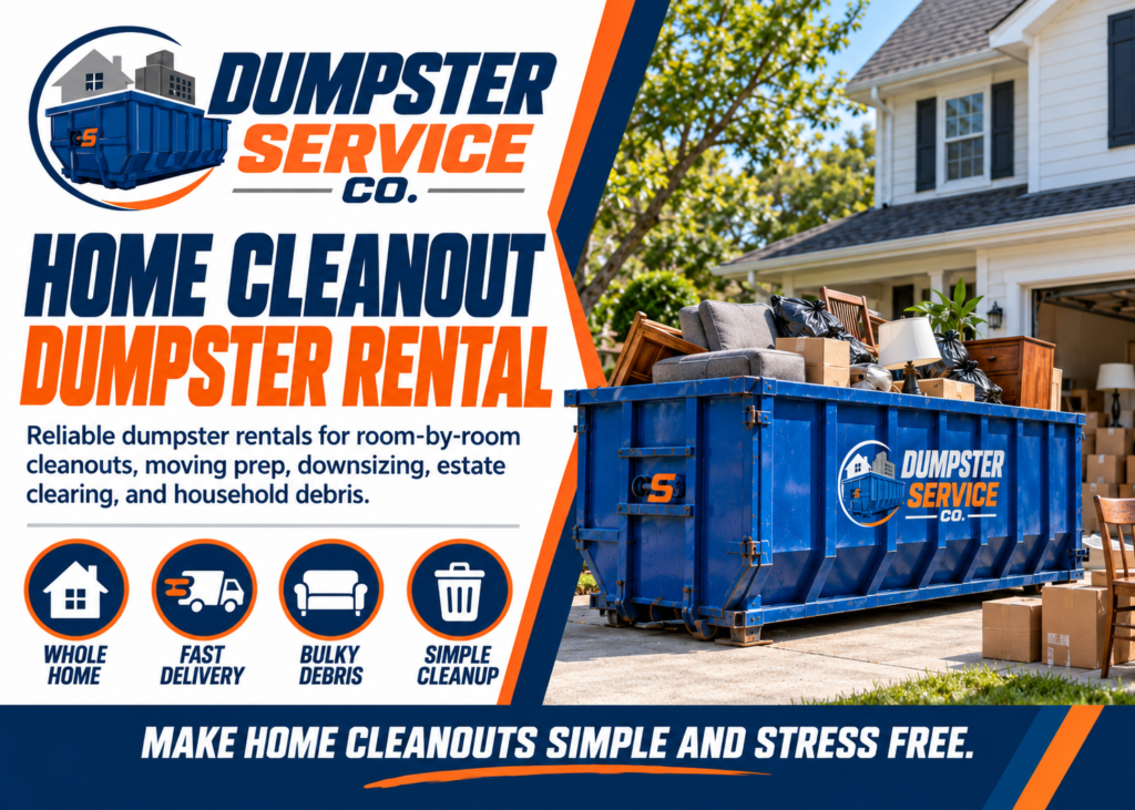Home cleanout dumpster rental banner from Dumpster Service Co with blue roll-off dumpster for room cleanouts moving prep and household debris