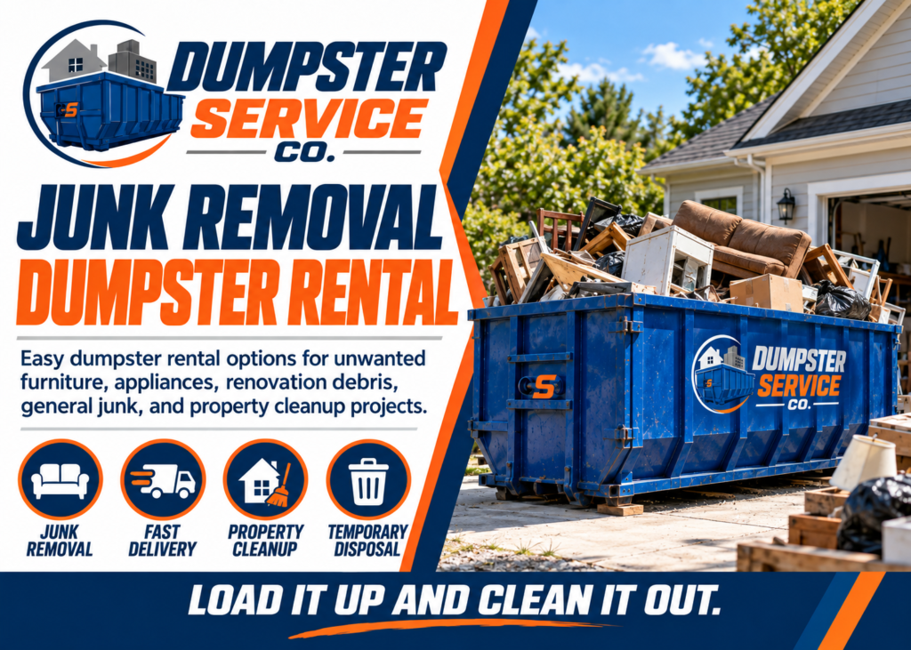 Junk removal dumpster rental banner from Dumpster Service Co with blue roll-off dumpster for furniture appliances renovation debris and property cleanup