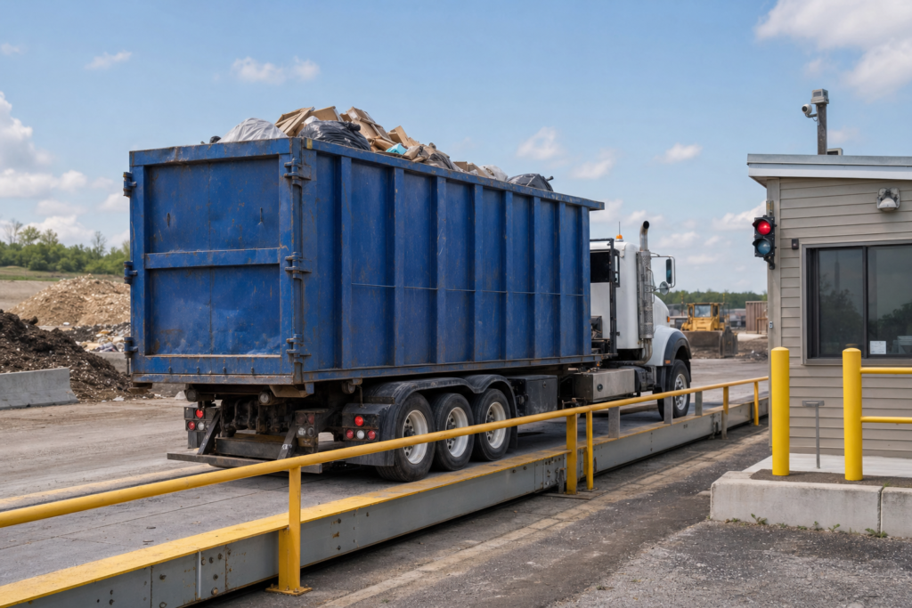 Roll-off dumpster being weighed as part of rental and disposal handling