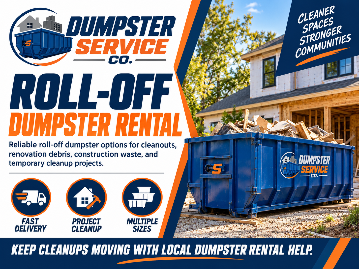 Roll-off dumpster rental banner from Dumpster Service Co with blue dumpster for residential commercial and construction cleanup projects