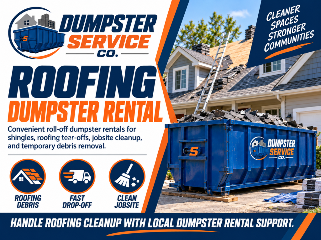 Roofing dumpster rental banner from Dumpster Service Co with blue roll-off dumpster for shingles roof tear-offs jobsite cleanup and temporary debris removal