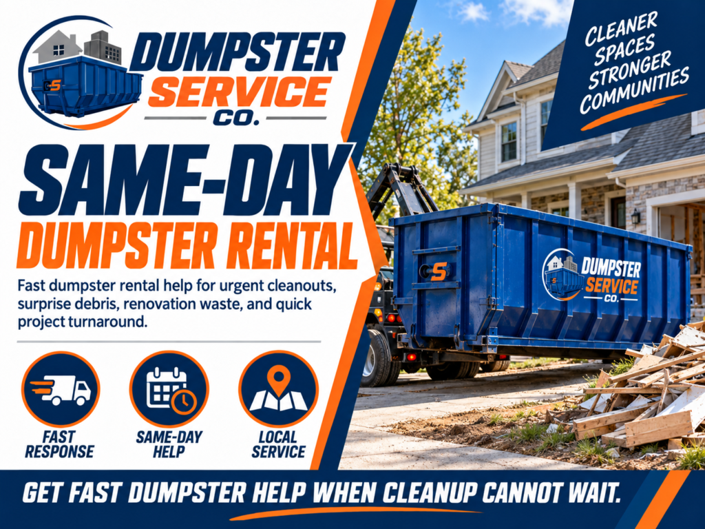 Same-day dumpster rental banner from Dumpster Service Co with blue roll-off dumpster for urgent cleanouts renovation waste and quick project turnaround