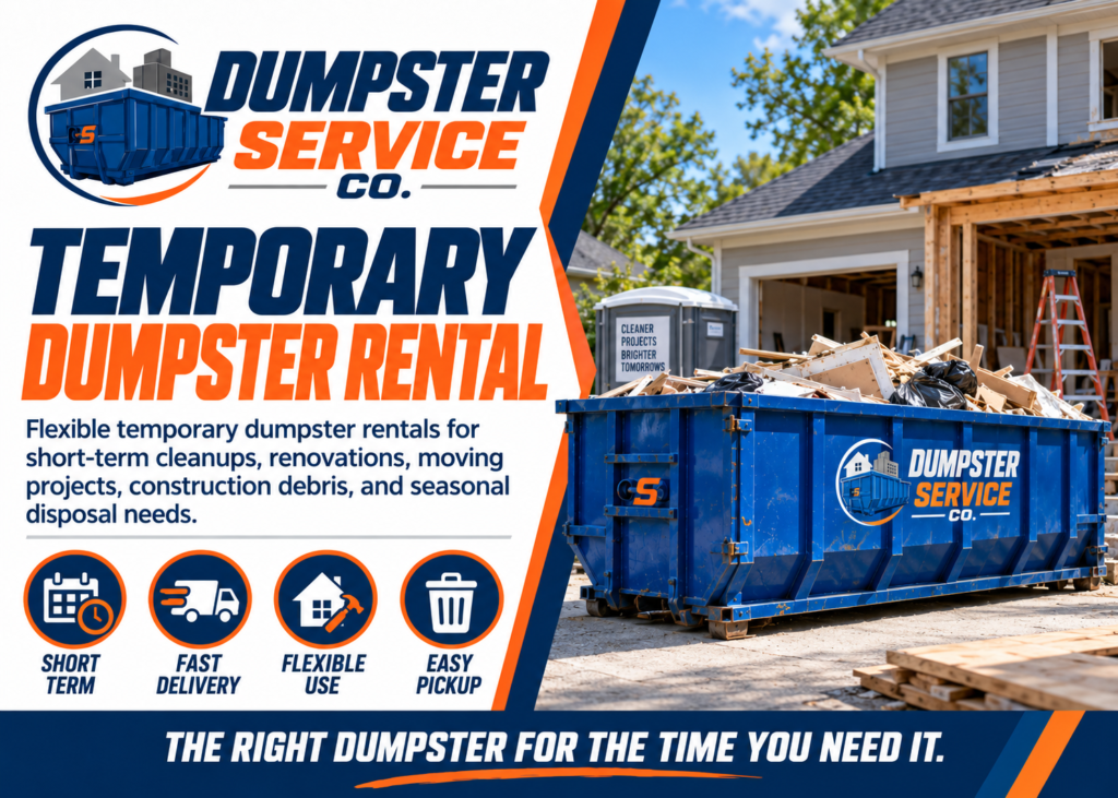 Temporary dumpster rental banner from Dumpster Service Co with blue roll-off dumpster for short-term cleanup renovation and seasonal disposal projects
