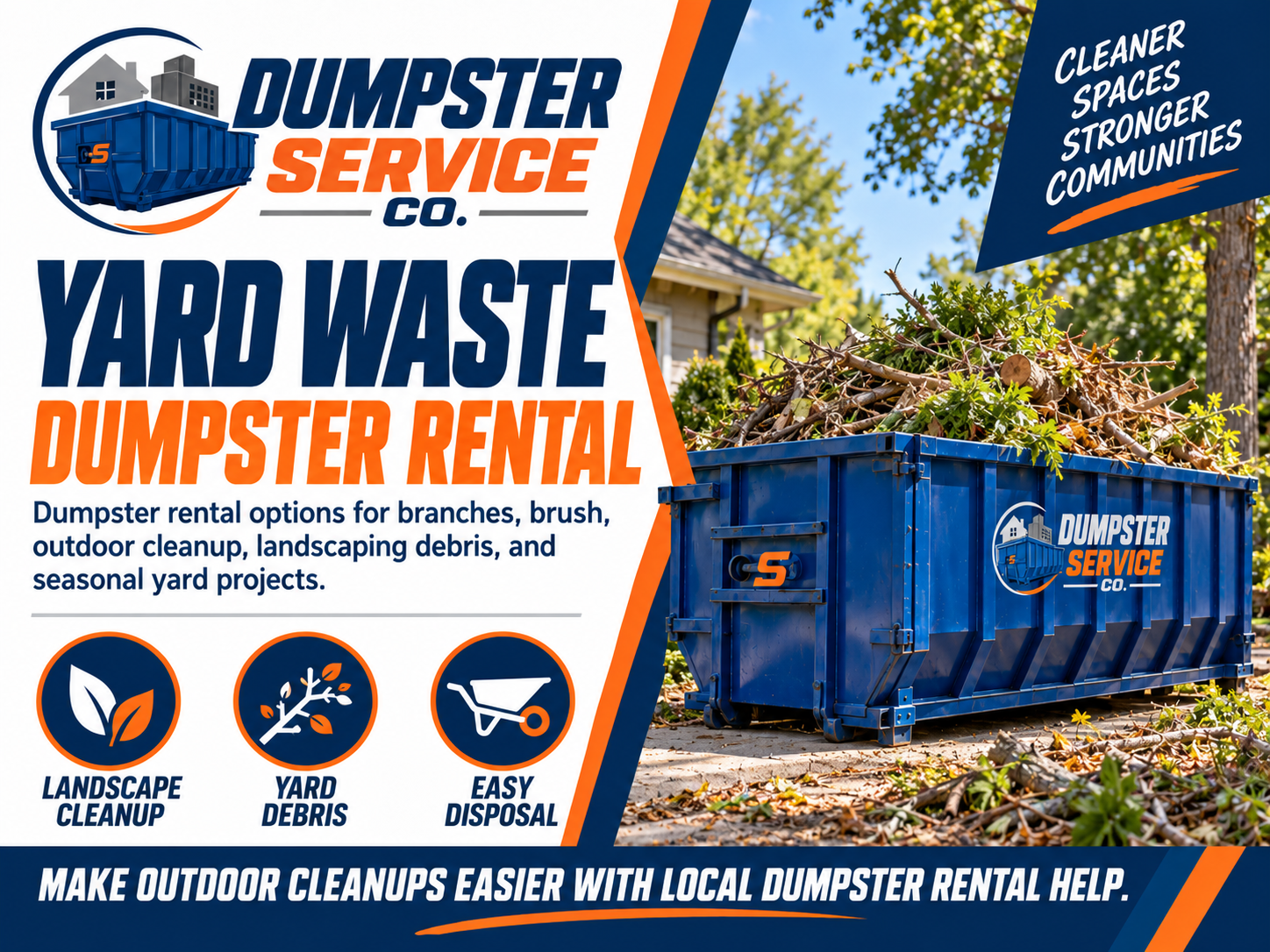 Yard waste dumpster rental banner from Dumpster Service Co with blue dumpster for branches landscaping debris and outdoor cleanup