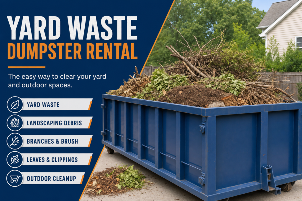 Yard Waste Dumpster Rental service section image with blue roll off dumpster for yard waste, landscaping debris, branches, brush, leaves, and outdoor cleanup